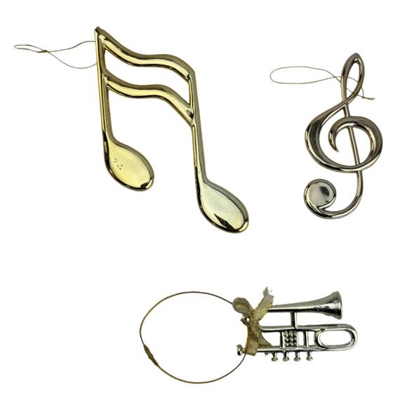 Gold Musical Theme Christmas Tree Ornaments Set Of 3 Notes Treble Clef Trumpet - Picture 2 of 9